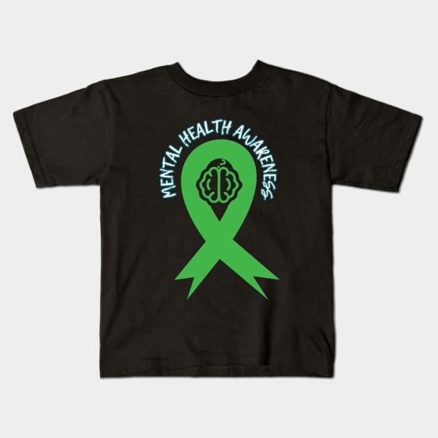 Mental Health Awareness Green Ribbon Brain Question Mark Kids T-Shirt by Owl Canvas